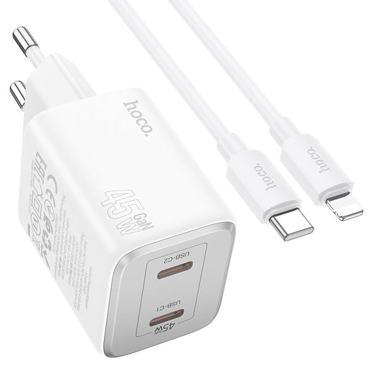 Chargeur réseau avec câble Lightning HOCO N42, 45W, 3A, 2 x USB-C, blanc