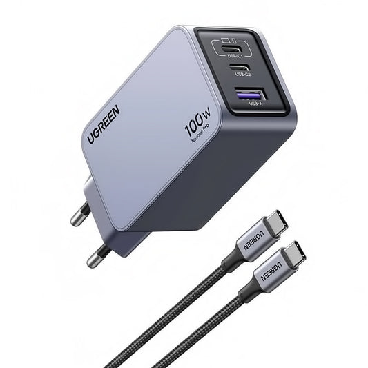 UGREEN X757 Nexode Pro Caricatore di rete con cavo USB-C, 100W, 3A, 1 x USB-A - 2 x USB-C, Grigio