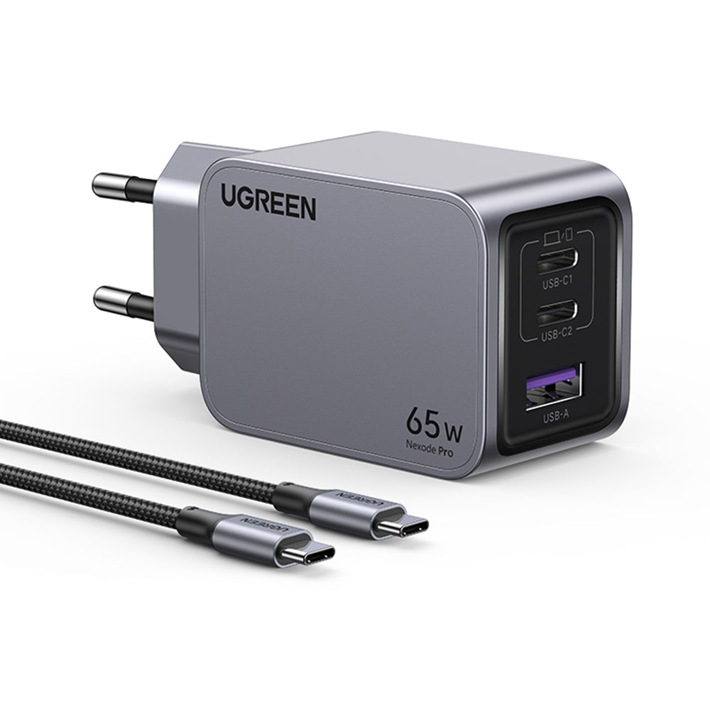Caricabatterie da Rete con Cavo USB-C UGREEN X755 Nexode Pro, 65W, 3A, 1 x USB-A - 2 x USB-C, Grigio