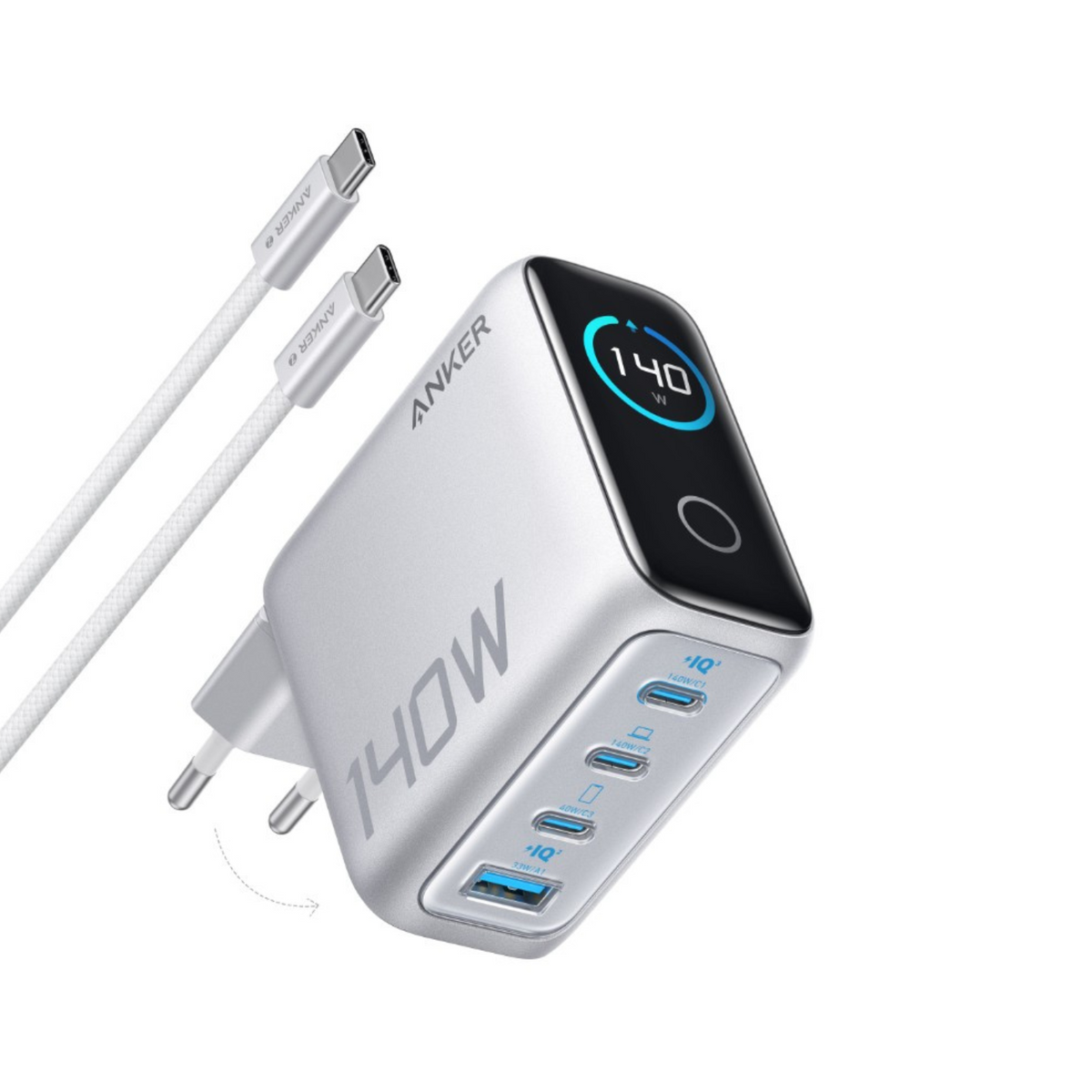 Netzladegerät mit USB-C Kabel Anker Zolo, 140W, 5A, 1 x USB-A - 3 x USB-C, Silber B2697G41