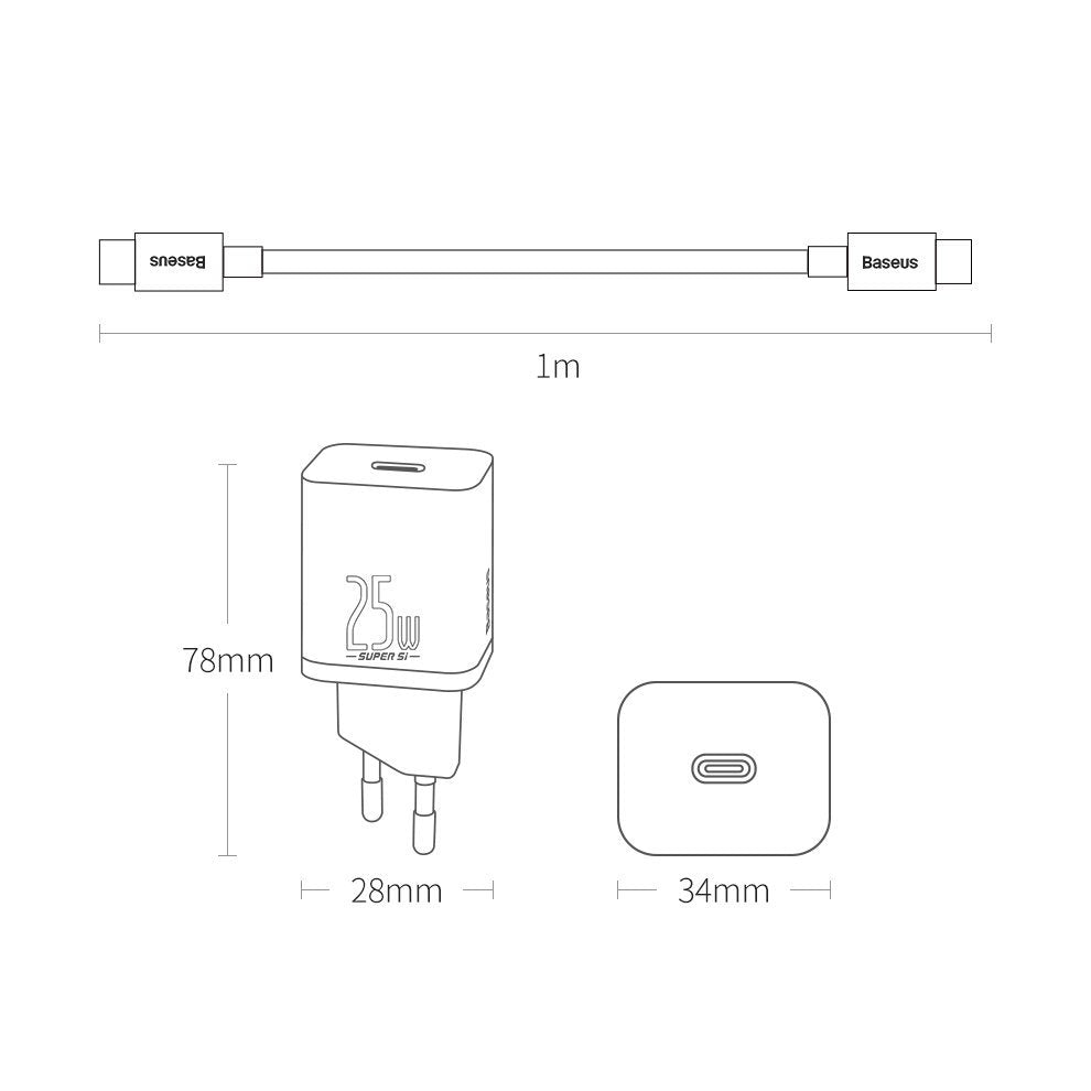 Baseus Super Si Netzteil 25W mit USB-C Kabel | Schwarz | PD & QC