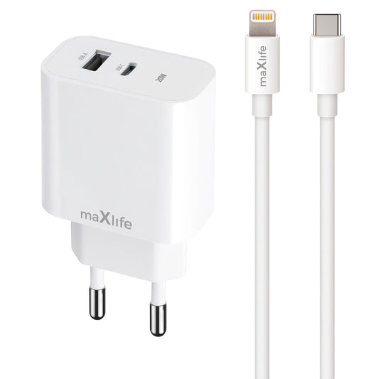 MaXlife MXTC-06-20AC MaXlife MXTC-06-20AC Chargeur réseau avec câble Lightning, 20W, 3A, 1 x USB-A - 1 x USB-C, blanc