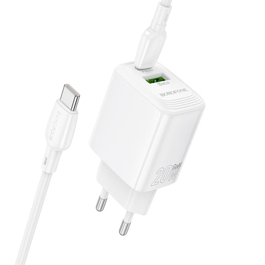 Chargeur réseau avec câble USB-C Borofone BN27 Fuente, 20W, 3A, 1 x USB-A - 1 x USB-C, Blanc