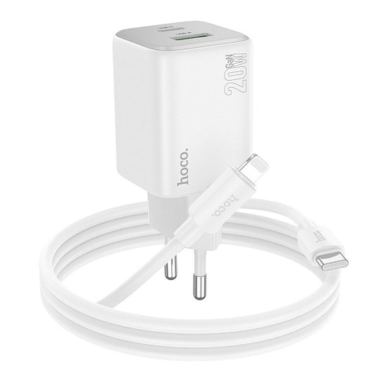 Chargeur réseau avec câble Lightning HOCO N41, 20W, 3A, 1 x USB-A - 1 x USB-C, Blanc