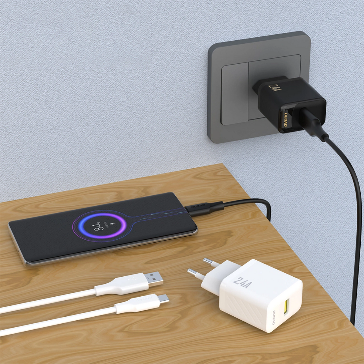 Netzteil mit USB-C-Kabel Dudao A23TEU, 12W, 2,4A, 1 x USB-A, Schwarz