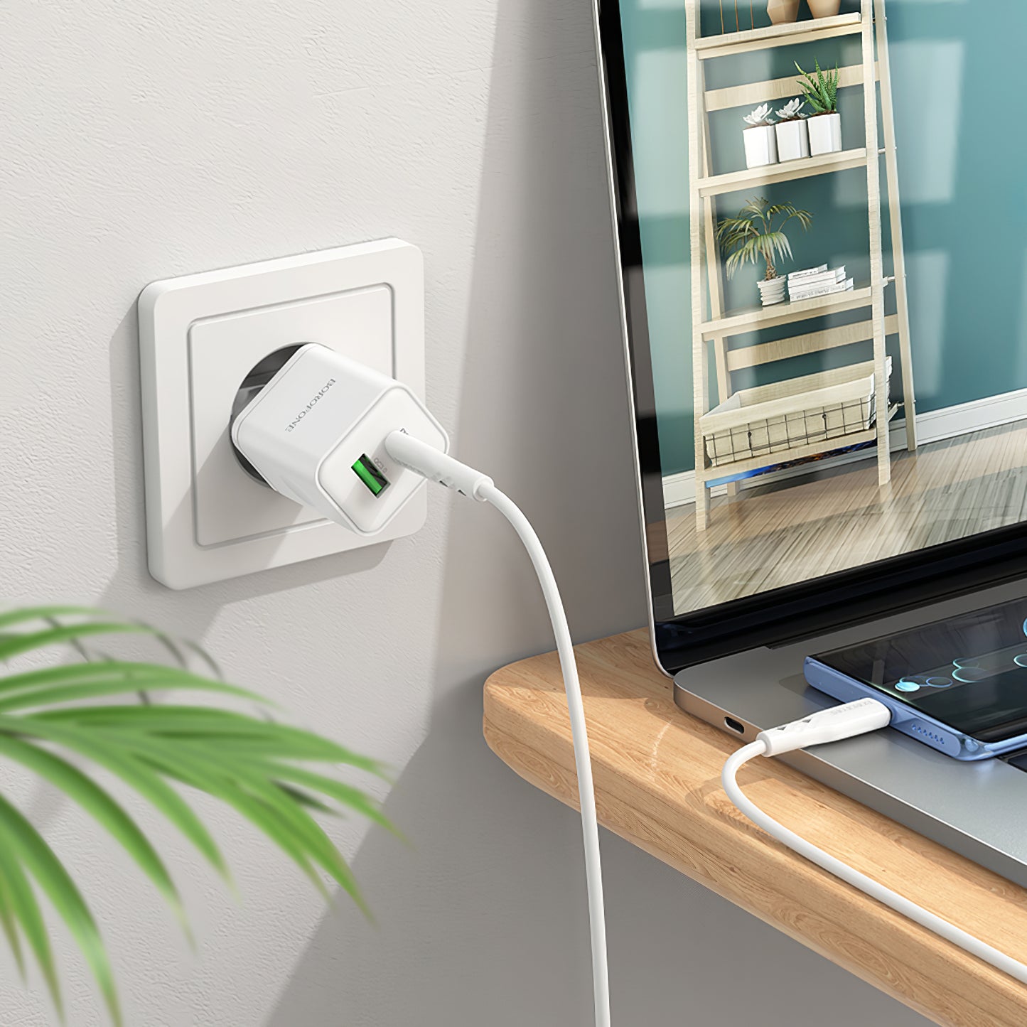 Chargeur réseau avec câble USB-C Borofone BN7, 20W, 3A, 1 x USB-A - 1 x USB-C, blanc
