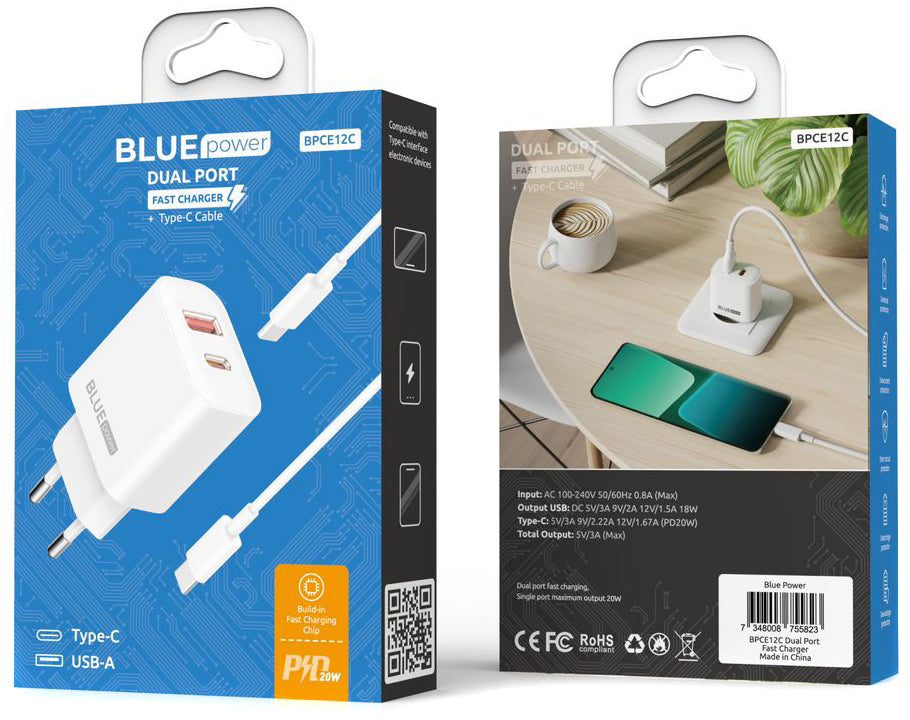 Blue Power BPCE12C Caricabatterie di rete con cavo USB-C BPCE12C, 20W, 3A, 1 x USB-A - 1 x USB-C, Bianco
