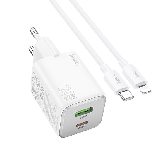 Chargeur réseau avec câble Lightning HOCO N41, 20W, 3A, 1 x USB-A - 1 x USB-C, Blanc