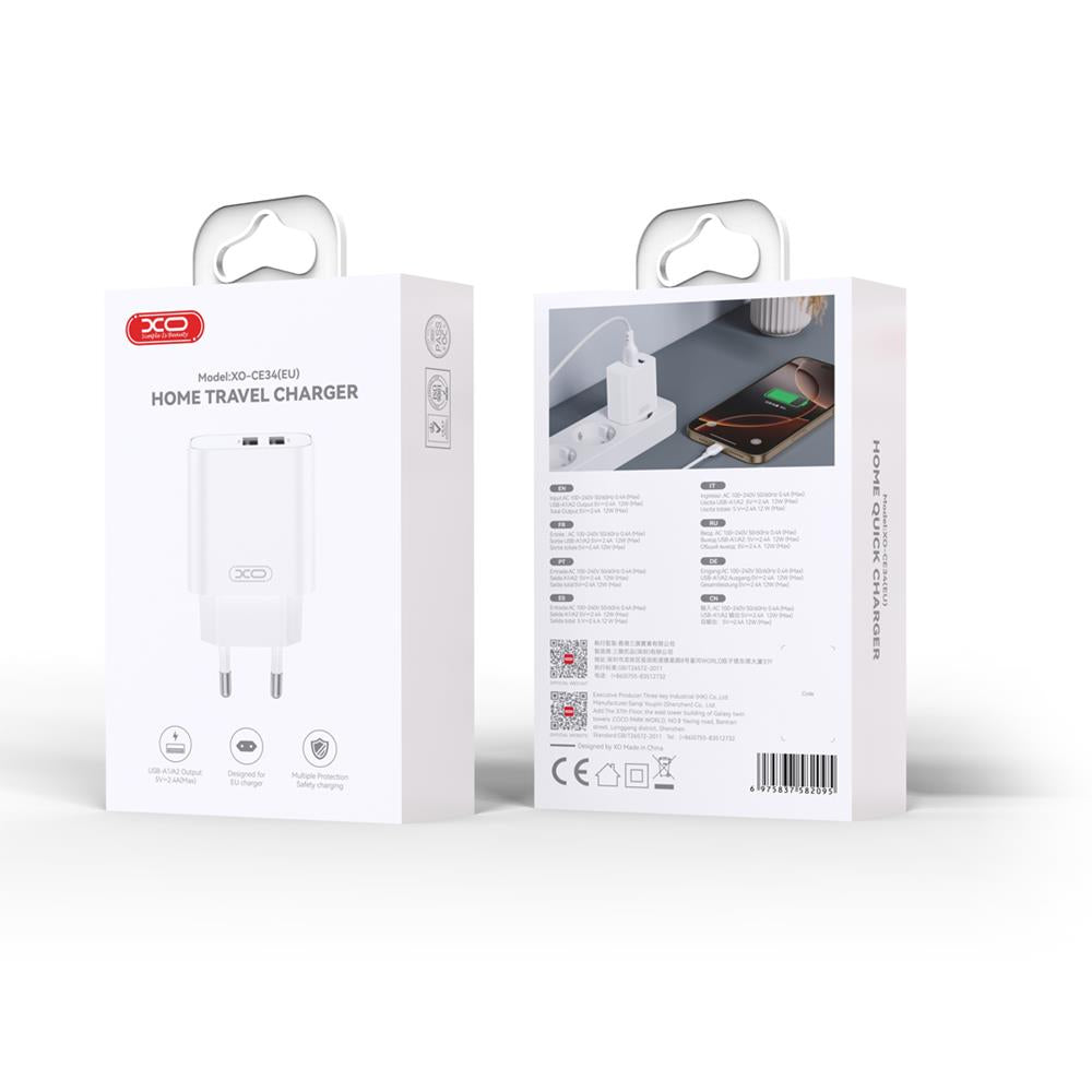 Netzladegerät mit USB-C Kabel XO Design CE34, 12W, 2.4A, 2 x USB-A, Weiß