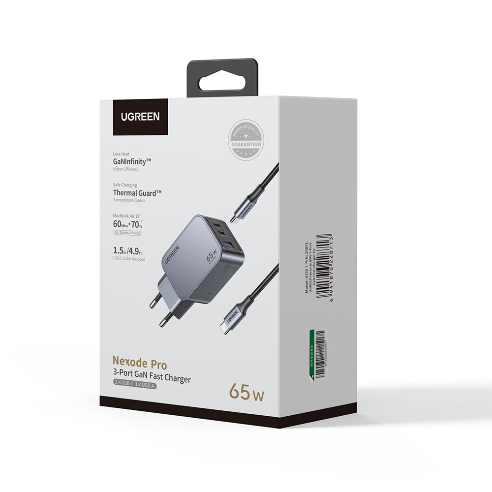 Caricabatterie da Rete con Cavo USB-C UGREEN X755 Nexode Pro, 65W, 3A, 1 x USB-A - 2 x USB-C, Grigio