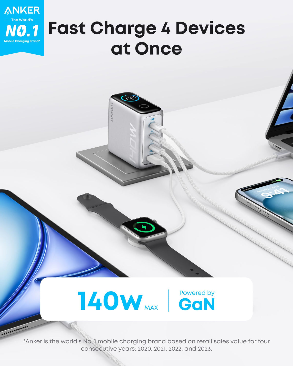Netzladegerät mit USB-C Kabel Anker Zolo, 140W, 5A, 1 x USB-A - 3 x USB-C, Silber B2697G41