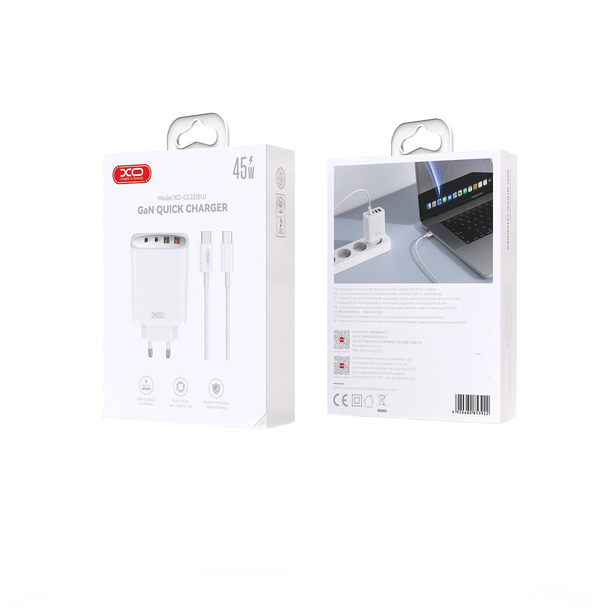 Caricabatterie da Rete con Cavo USB-C XO Design CE22, 45W, 3A, 2 x USB-A - 2 x USB-C, Bianco