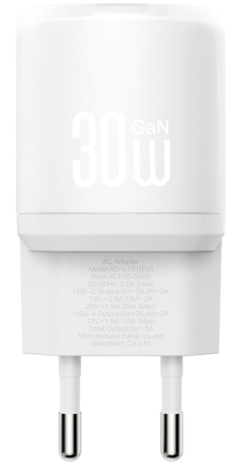 Chargeur réseau avec câble USB-C XO Design L151, 30W, 3A, 1 x USB-A - 1 x USB-C, Blanc