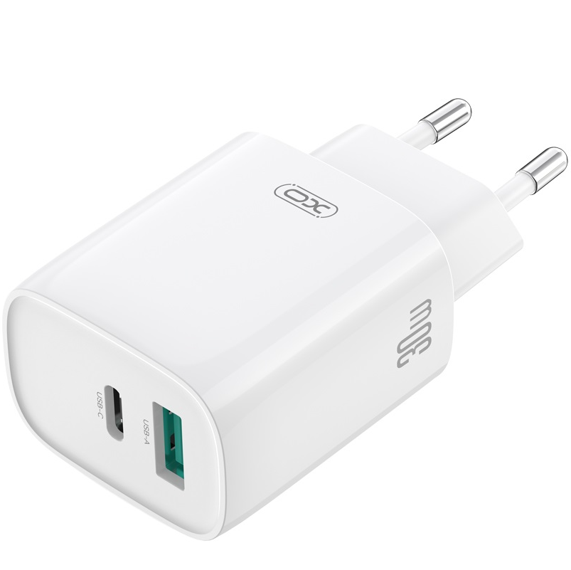 Chargeur réseau avec câble USB-C XO Design CE30, 30W, 3A, 1 x USB-A - 1 x USB-C, Blanc