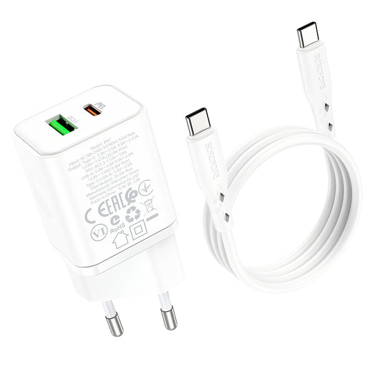 Netzwerk-Ladegerät mit USB-C Kabel Borofone BN7, 20W, 3A, 1 x USB-A - 1 x USB-C, Weiß