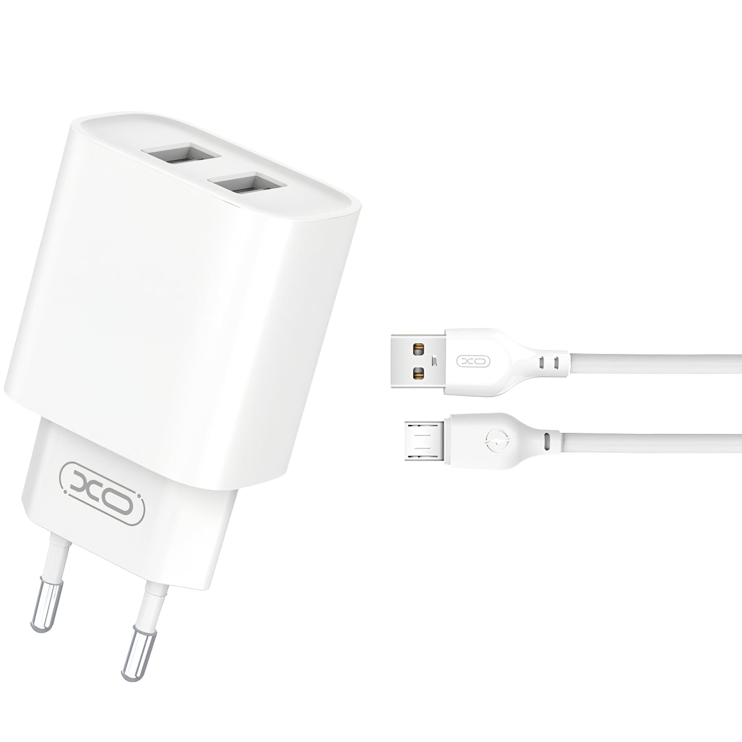Caricatore di rete con cavo microUSB XO Design CE02C, 10,5W, 2,1A, 2 x USB-A, bianco