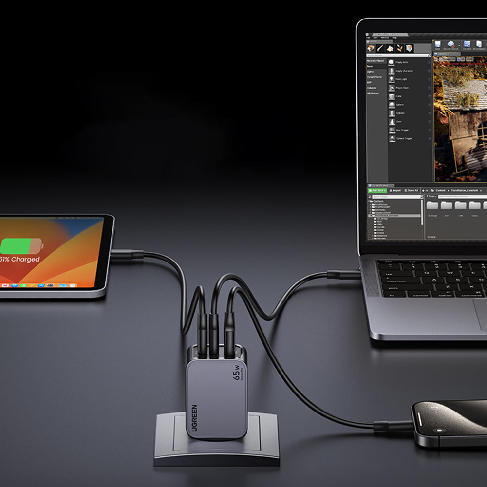 Caricabatterie da Rete con Cavo USB-C UGREEN X755 Nexode Pro, 65W, 3A, 1 x USB-A - 2 x USB-C, Grigio