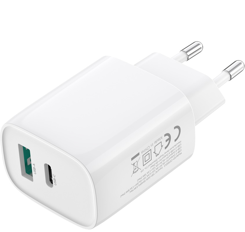 Chargeur réseau avec câble USB-C XO Design CE30, 30W, 3A, 1 x USB-A - 1 x USB-C, Blanc