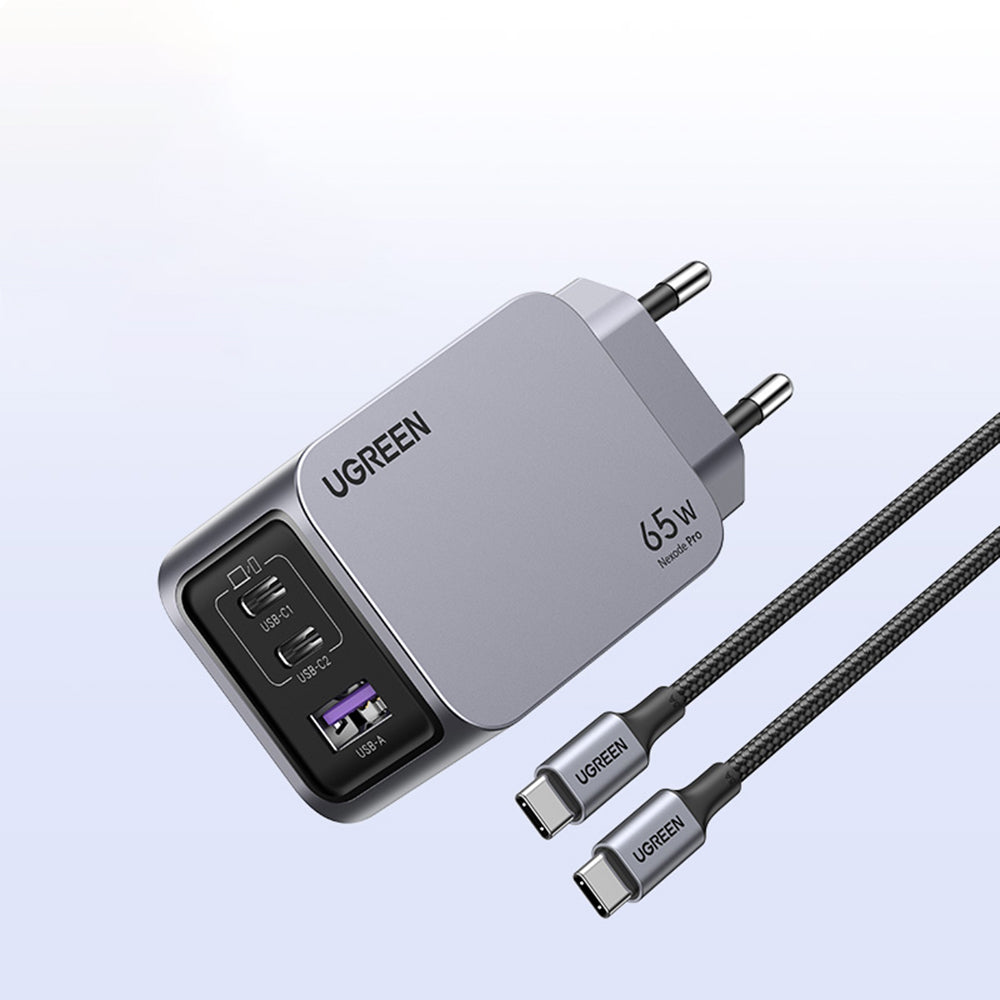 Caricabatterie da Rete con Cavo USB-C UGREEN X755 Nexode Pro, 65W, 3A, 1 x USB-A - 2 x USB-C, Grigio