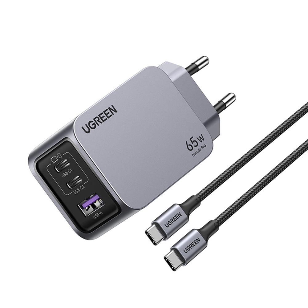 Caricabatterie da Rete con Cavo USB-C UGREEN X755 Nexode Pro, 65W, 3A, 1 x USB-A - 2 x USB-C, Grigio