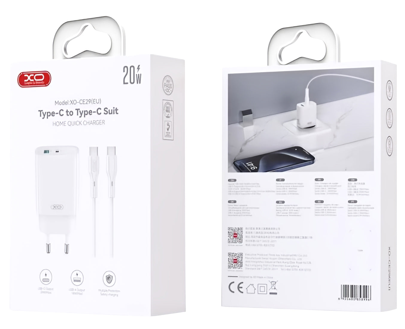 Chargeur réseau avec câble USB-C XO Design CE29, 20W, 3A, 1 x USB-A - 1 x USB-C, Blanc