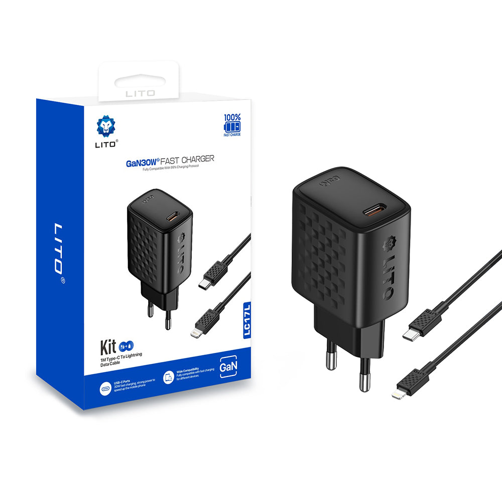 Caricabatterie da rete con cavo Lightning Lito LC17L, 30W, 3A, 1 x USB-C, Nero