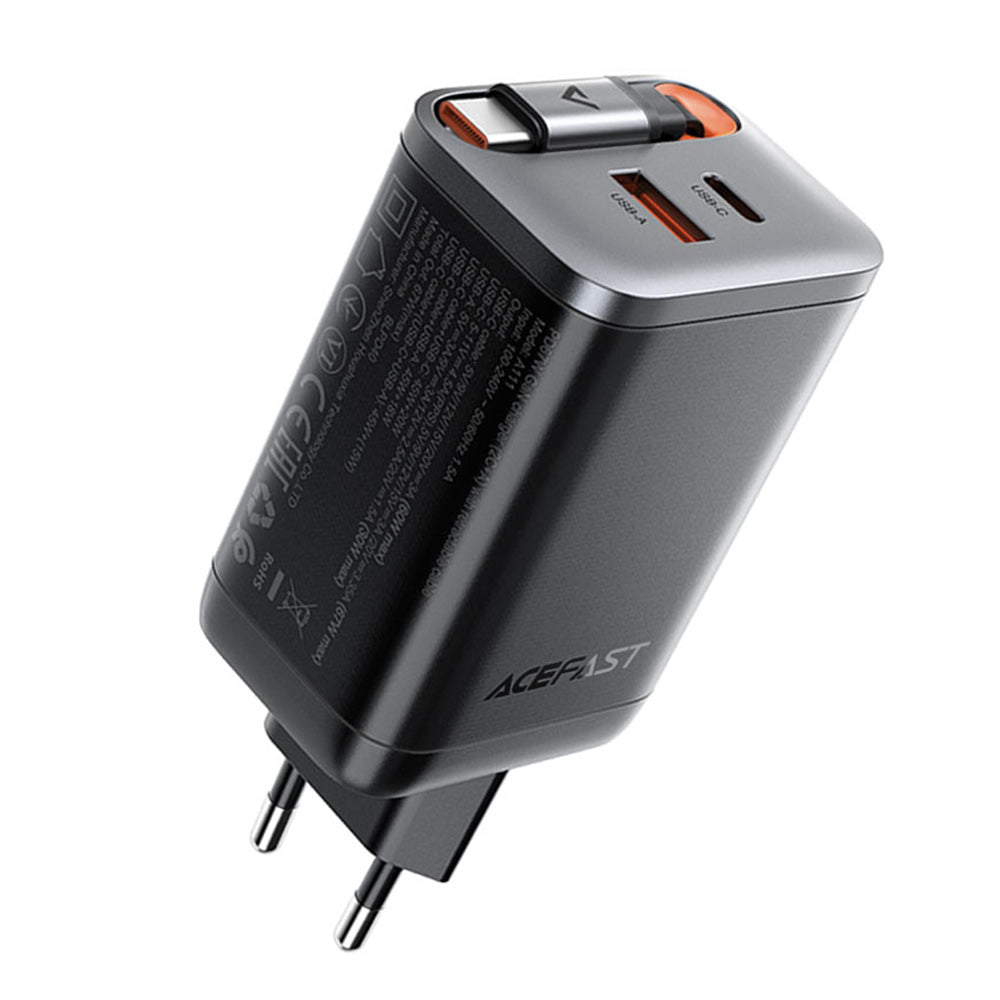 Caricabatterie da rete con cavo USB-C Acefast A111, 67W, 3A, 1 x USB-A - 1 x USB-C, Nero