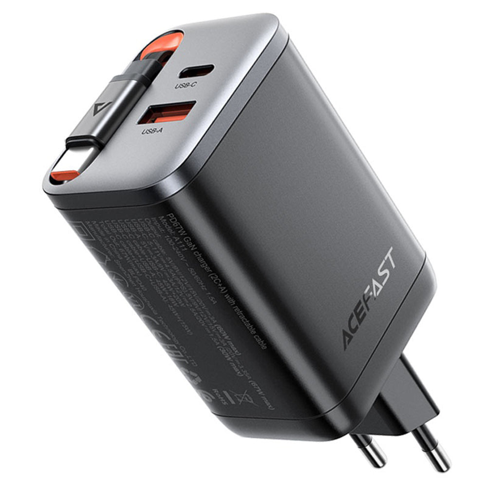 Caricabatterie da rete con cavo USB-C Acefast A111, 67W, 3A, 1 x USB-A - 1 x USB-C, Nero