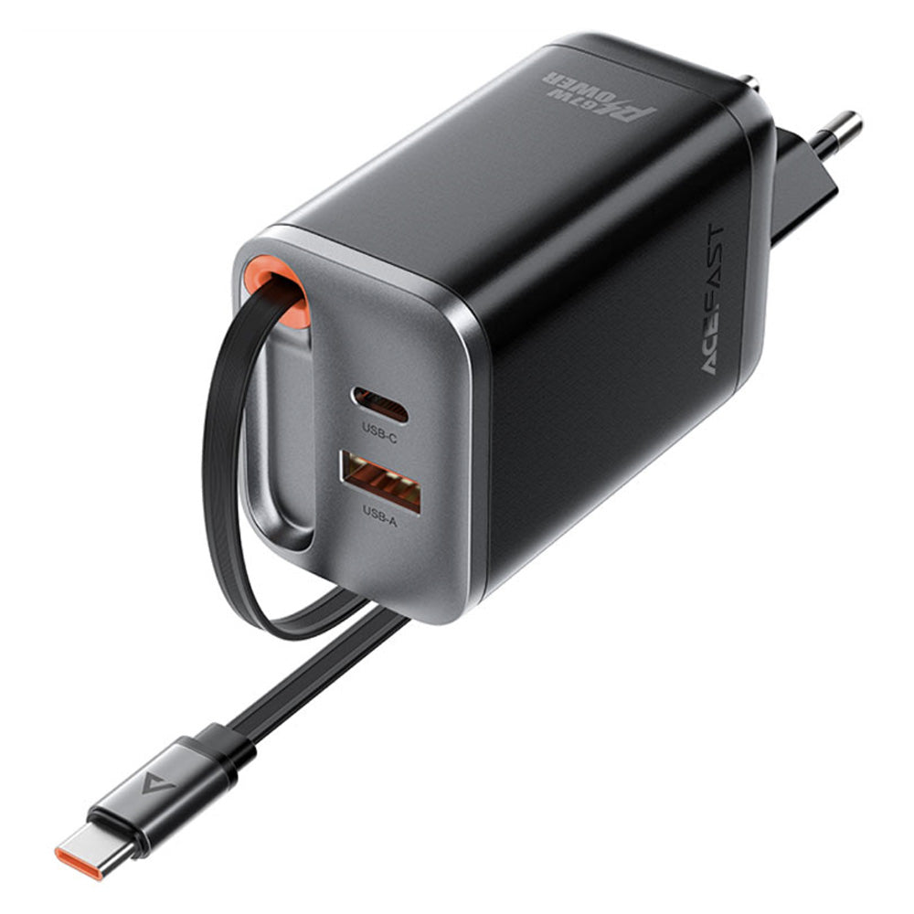 Caricabatterie da rete con cavo USB-C Acefast A111, 67W, 3A, 1 x USB-A - 1 x USB-C, Nero