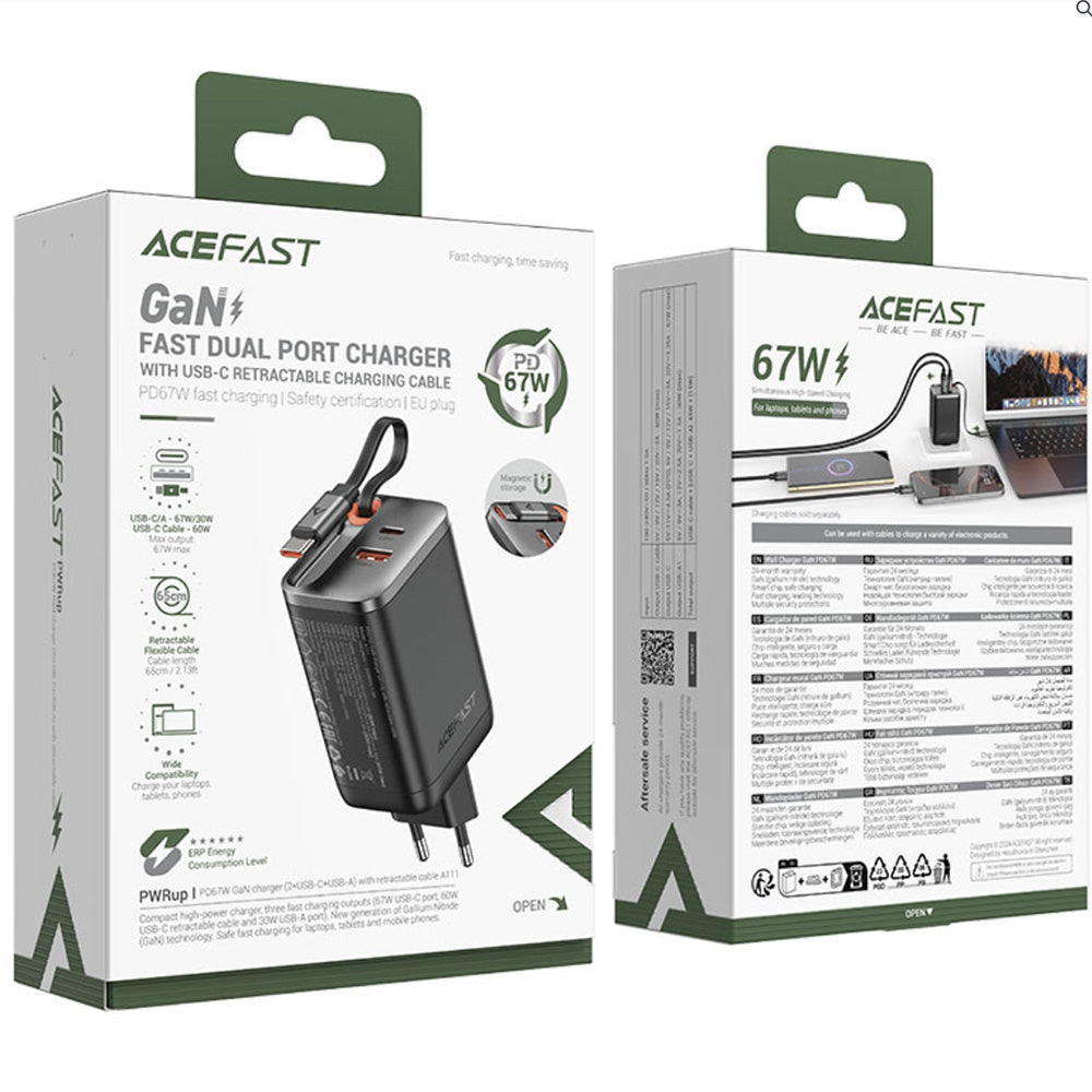 Caricabatterie da rete con cavo USB-C Acefast A111, 67W, 3A, 1 x USB-A - 1 x USB-C, Nero
