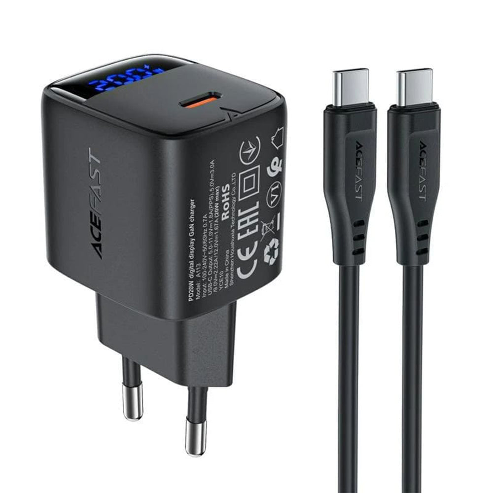 Netzladegerät mit USB-C Kabel Acefast A113 Display, 20W, 3A, 1 x USB-C, Schwarz