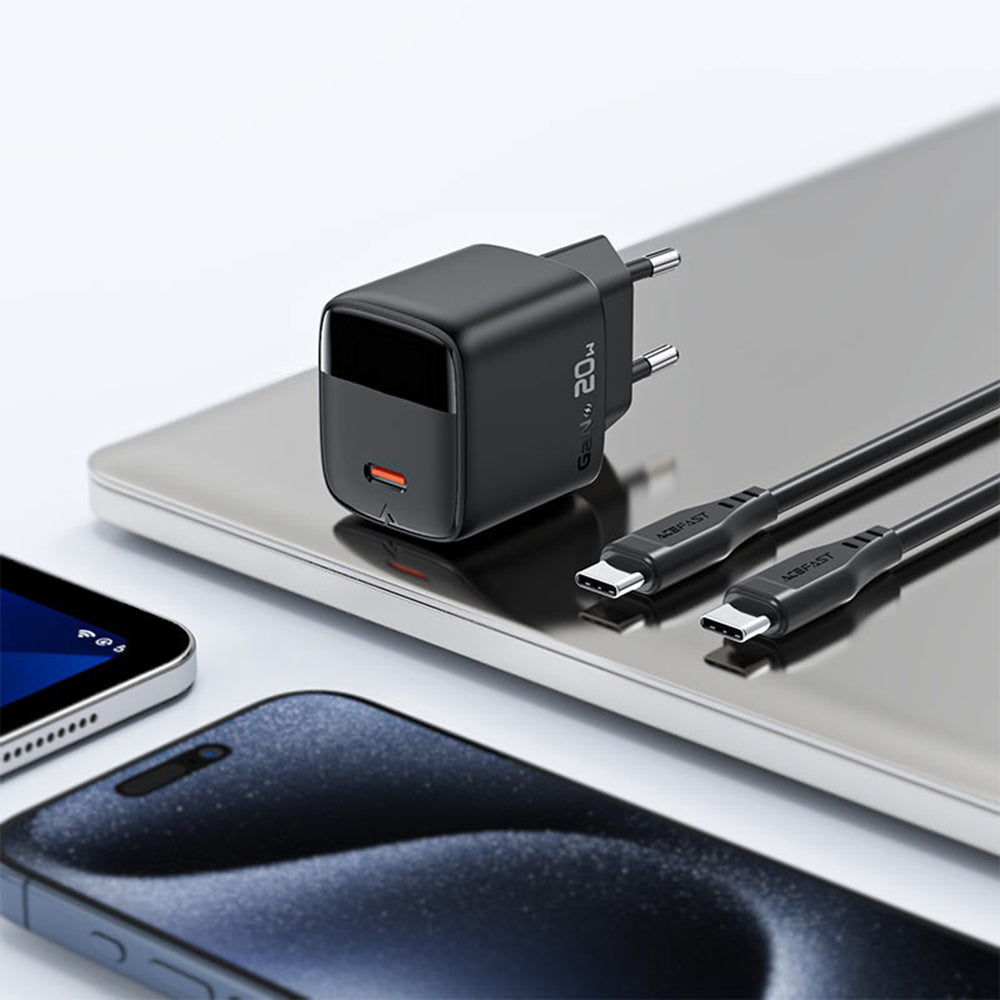 Netzladegerät mit USB-C Kabel Acefast A113 Display, 20W, 3A, 1 x USB-C, Schwarz