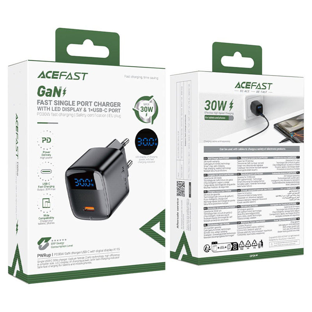 Netzladegerät mit USB-C Kabel Acefast A113 Display, 20W, 3A, 1 x USB-C, Schwarz