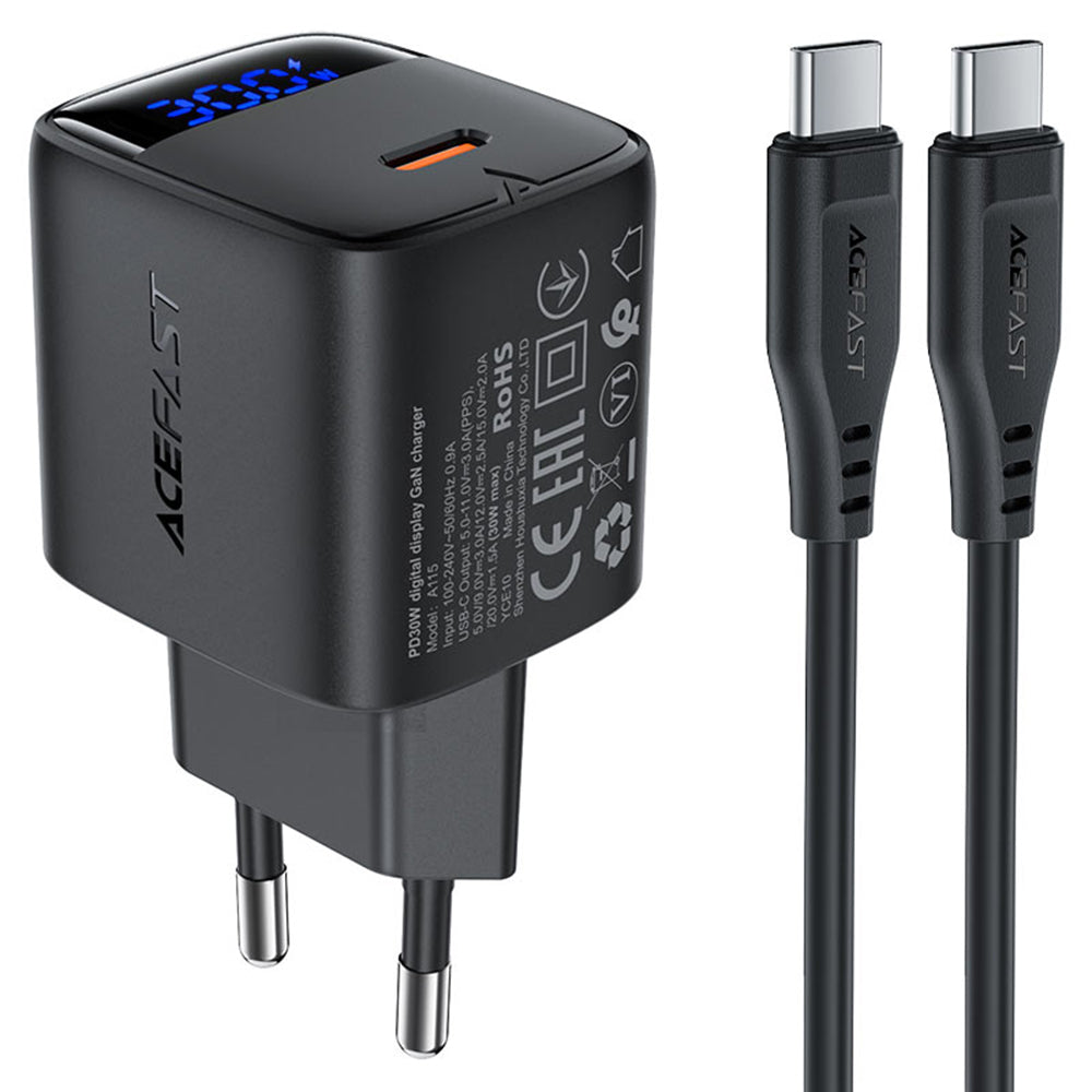 Netzladegerät mit USB-C Kabel Acefast A115 Display, 30W, 3A, 1 x USB-C, Schwarz