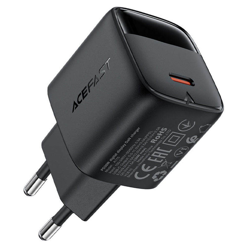 Netzladegerät mit USB-C Kabel Acefast A115 Display, 30W, 3A, 1 x USB-C, Schwarz