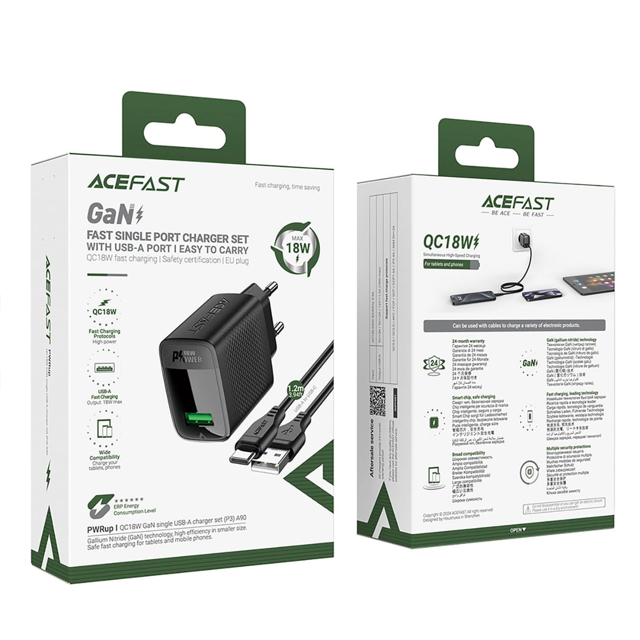 Caricabatterie da Rete con Cavo USB-C Acefast A90, 18W, 3A, 1 x USB-A, Nero