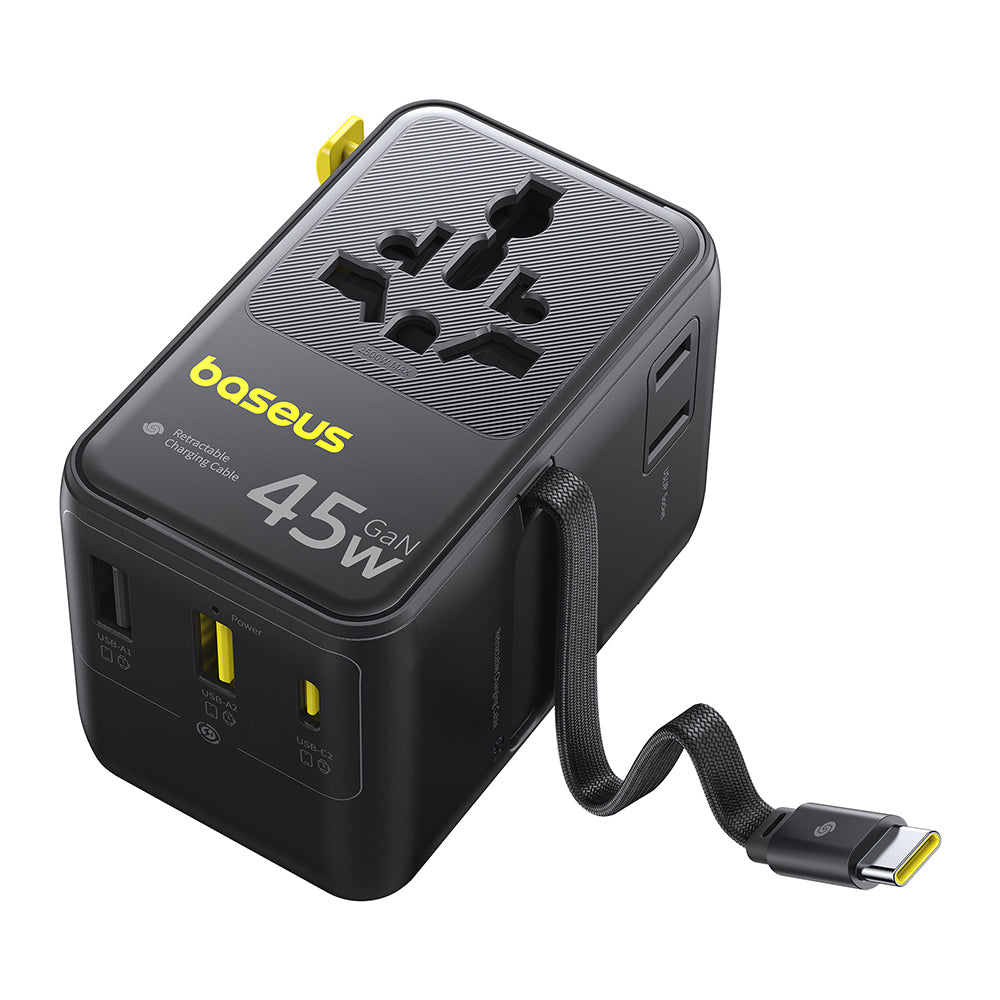 Caricatore da rete con cavo USB-C Baseus Travel PicoGo AG11, 45W, 2 x Presa - 1 x USB-C - 2 x USB-A, Nero E0307F00