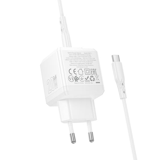 Caricabatterie Rete con Cavo USB-C Borofone BN19 Intenso, 20W, 3A, 1 x USB-A - 1 x USB-C, Bianco
