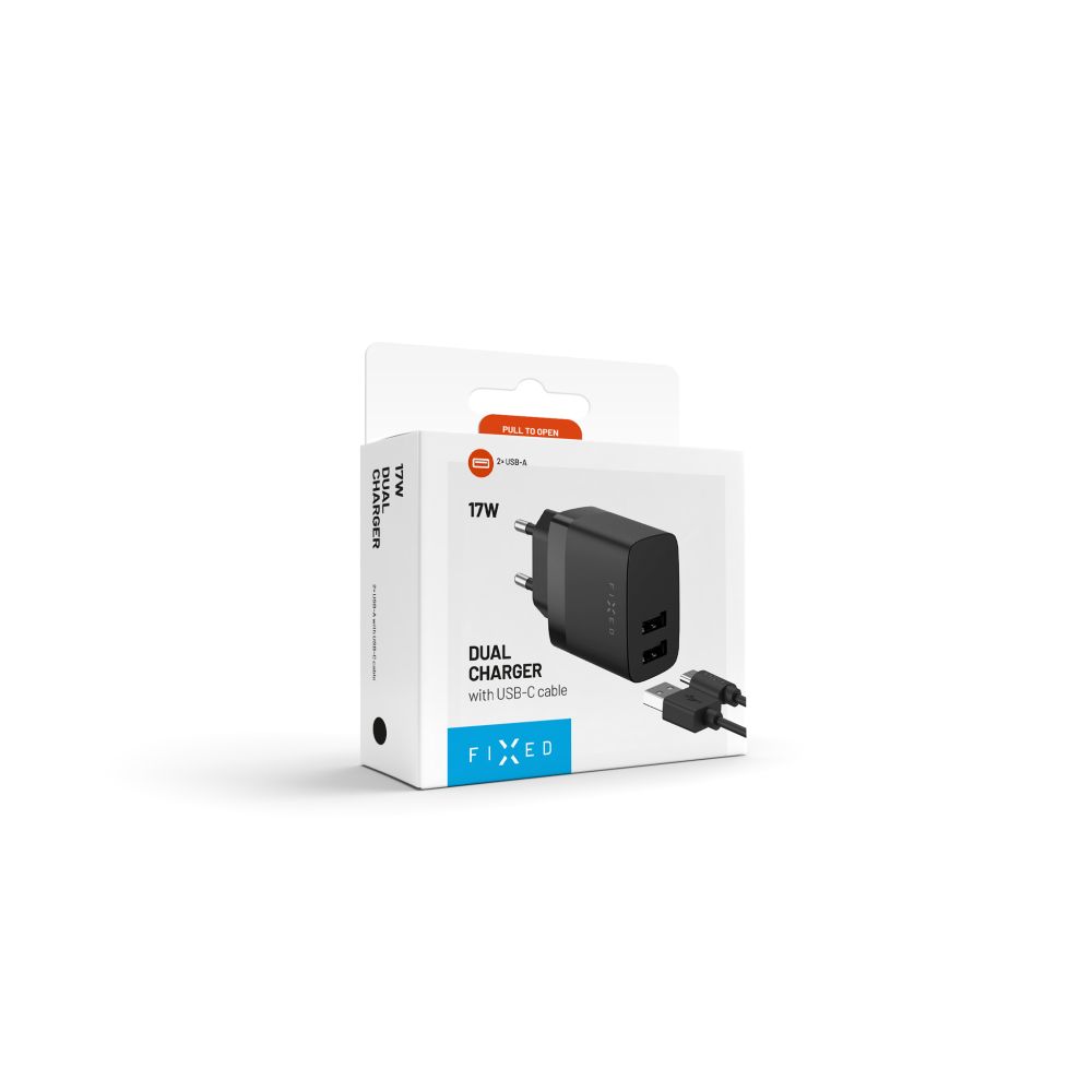 Chargeur réseau avec câble USB-C Fixed, 17W, 3A, 2 x USB-A, Noir