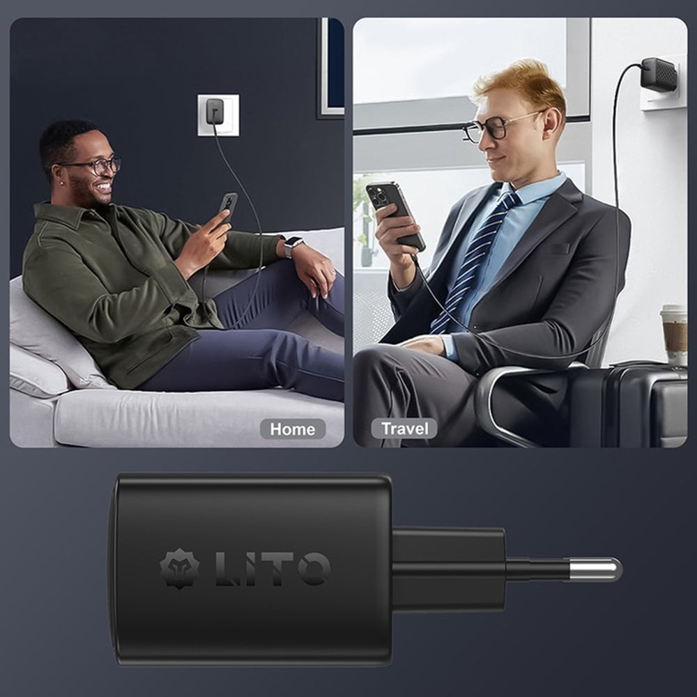 Caricabatterie da Rete con Cavo USB-C Lito LC22T, 45W, 3A, 2 x USB-C, Nero
