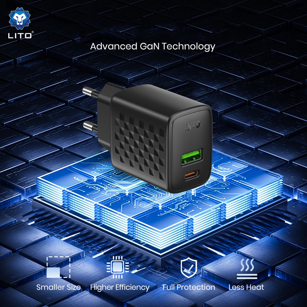 Chargeur réseau avec câble USB-C Lito LC24T, 65W, 3.25A, 1 x USB-A - 1 x USB-C, Noir