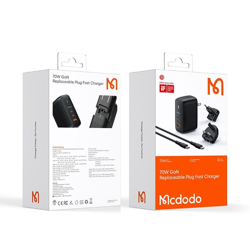 Caricabatterie da Rete con Cavo USB-C McDodo CH-8442 Mecha Travel, 65W, 5A, 1 x USB-A - 2 x USB-C, Nero