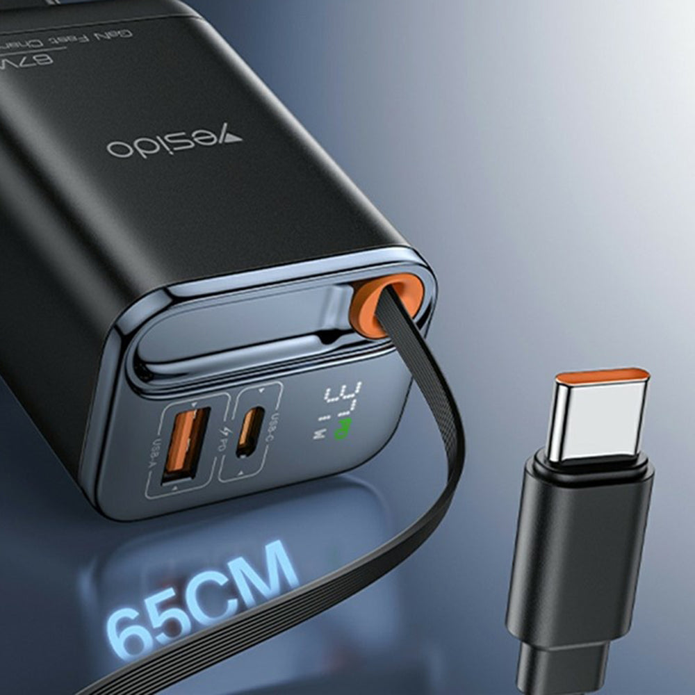Chargeur réseau avec câble USB-C Yesido YC100 Display, 67W, 3.35A, 1 x USB-A - 1 x USB-C, Noir