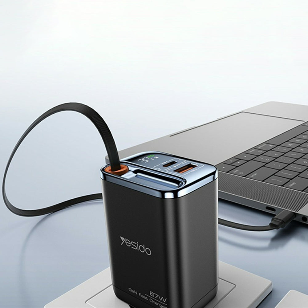 Chargeur réseau avec câble USB-C Yesido YC100 Display, 67W, 3.35A, 1 x USB-A - 1 x USB-C, Noir