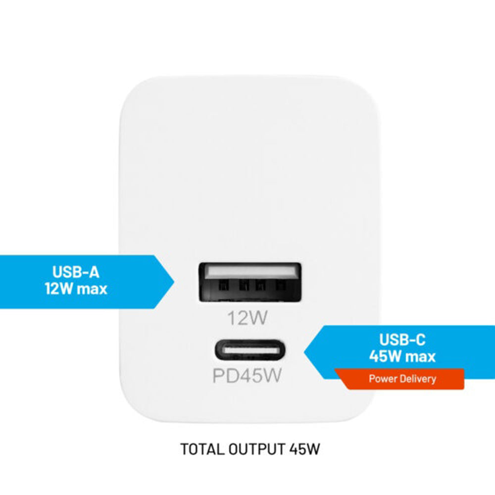 Chargeur Réseau Fixed Mini, 45W, 3A, 1 x USB-A - 1 x USB-C, Blanc