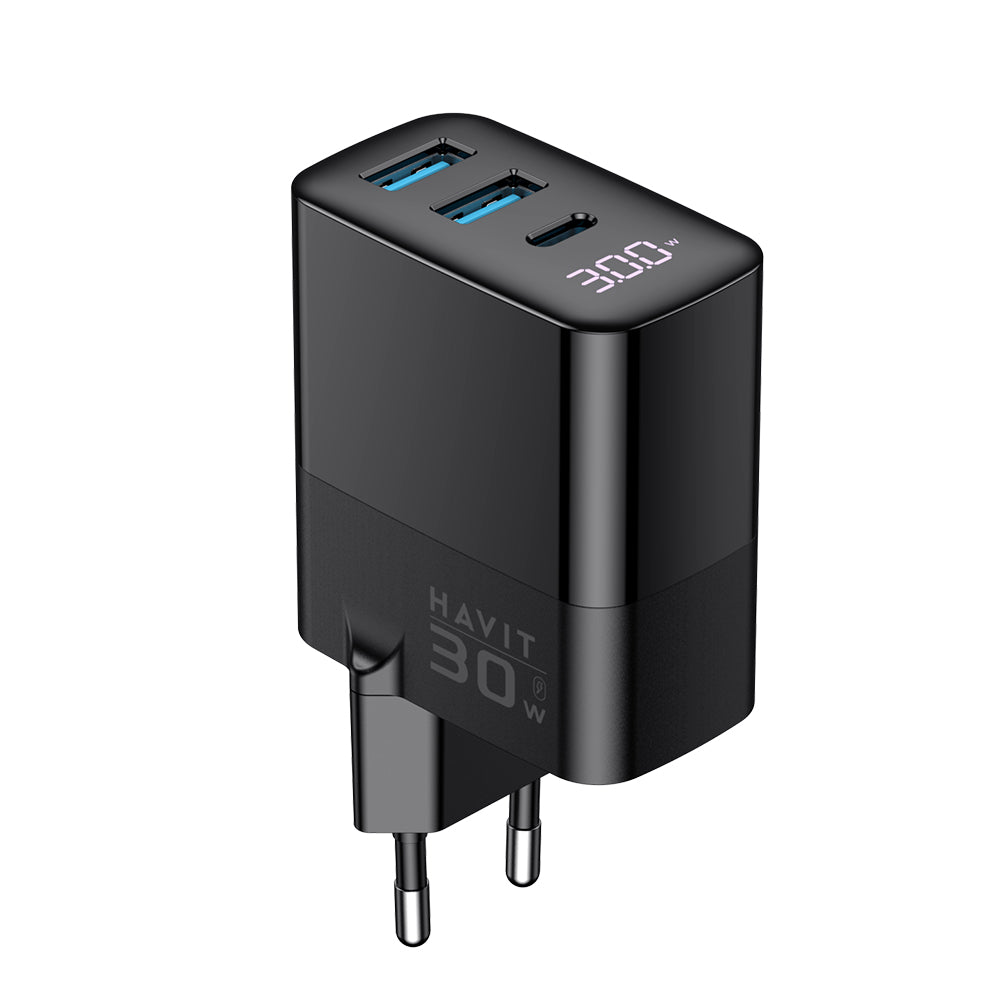 Chargeur Réseau HAVIT UCLE001, 30W, 3A, 2 x USB-A - 1 x USB-C, Noir