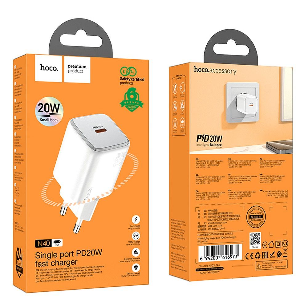 Caricabatterie da Rete HOCO N40, 20W, 3A, 1 x USB-C, Bianco