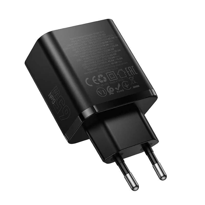 Caricabatterie da Rete HOCO N75, 65W, 3A, 1 x USB-A - 2 x USB-C, Nero