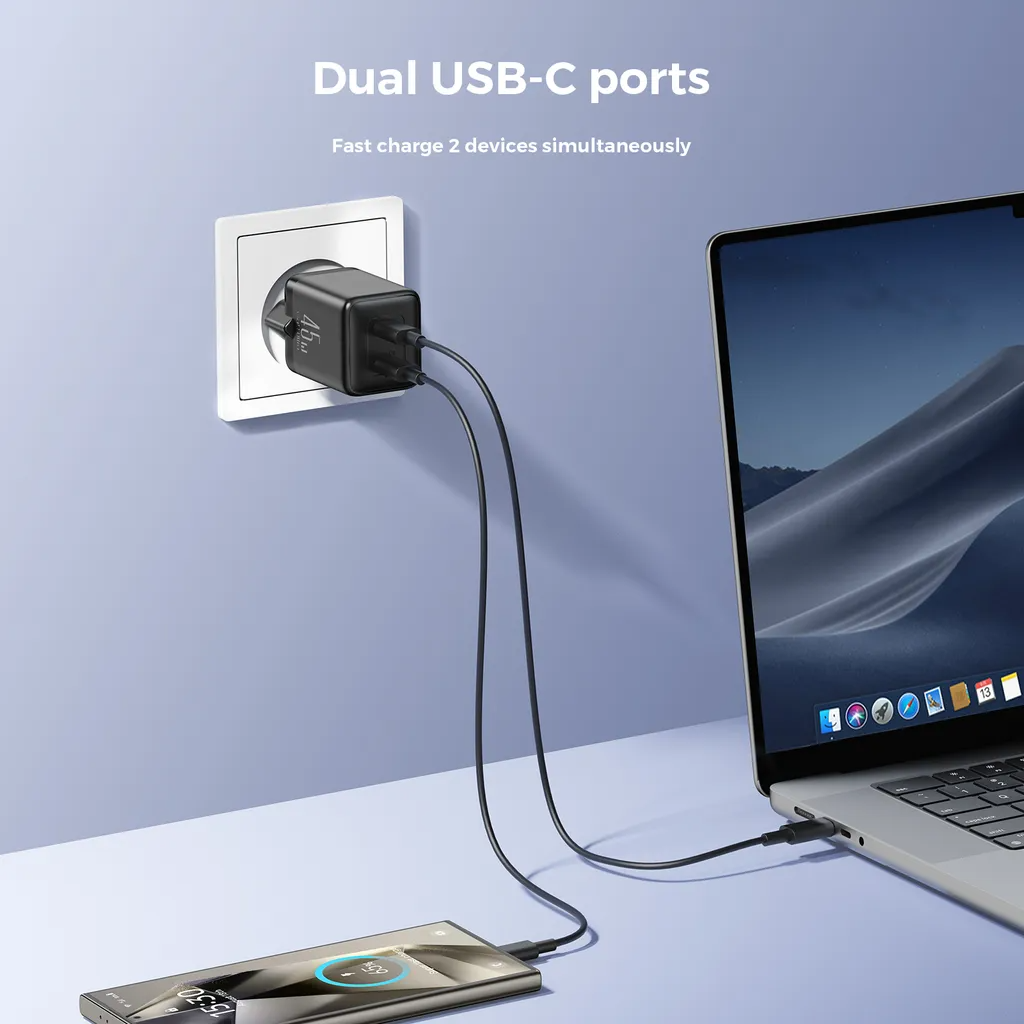 Chargeur Réseau Joyroom JR-TCG17, 45W, 3A, 2 x USB-C, Noir