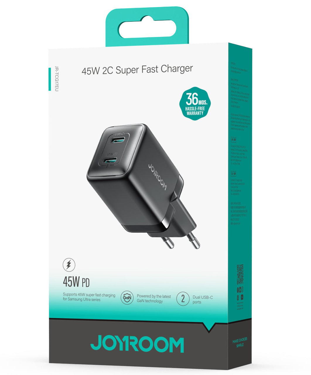 Chargeur Réseau Joyroom JR-TCG17, 45W, 3A, 2 x USB-C, Noir